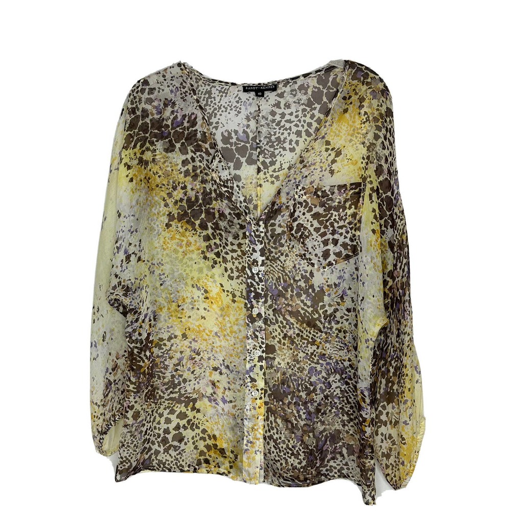 Randy Kemper Women Yellow Button Front Long Sleeve 100% Silk V Neck Blouse Sz 10